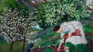 Rabarbra, maleri av Nikolai Astrup fra 1911 av kona Engle som plukker rabarbra i hagen