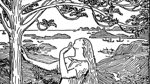 Tegning av en kvinne som ser opp i et tre