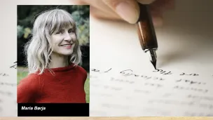 Portrettfoto Maria Børja mot et bakgrunnsfoto av en hånd som skriver.