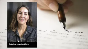 Portrettbilde av Gabriele Leguina-Morel mot bakgrunnsbilde av hånd som skriver