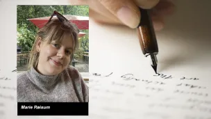 Marie Røisum mot bakgrunn av en skrivende hånd