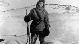 Polarfarer med to døde dyr ved føttene.
