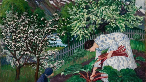 Rabarbra, maleri av Nikolai Astrup fra 1911 av kona Engle som plukker rabarbra i hagen