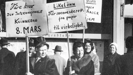 Svart-hvitt bilde av to kvinner i mørke kåper. De holder hver sin plakat med teksten "Våre krav den internasjonale kvinnedag 8. mars", og "Likelønn, vår menneskerett -fra papir til virkelighet".