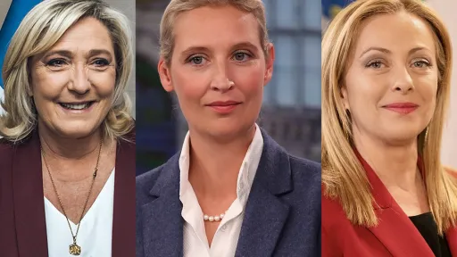 Fotomontasje av Le Pen, Weidel og Meloni