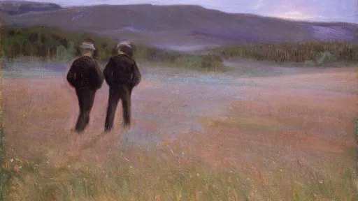 Maleri av to menn som går i åkeren ved solnedgang