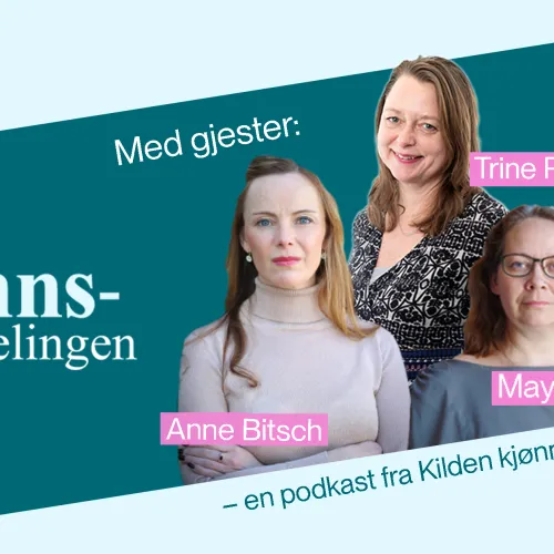 Logoen til kjønnsavdelingen, med tekst "Med gjester:" og navn og bilde av Anne Bitsch, Trine Rogg Korsvik og May-Len Skilbrei. 