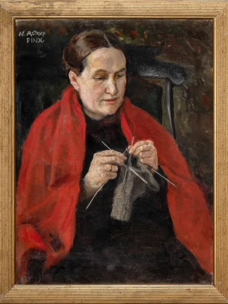 Maleri av Petra Astrup som strikker malt av sønnen Nikolai Astrup cirka 1908