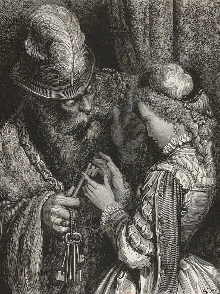 Barbebleue eller Blåskjegg gir sin nye kone nøkkelen, av Gustave Doré