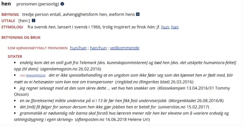 Skjermdump fra Norske Akademis Ordbok om bruken av hen